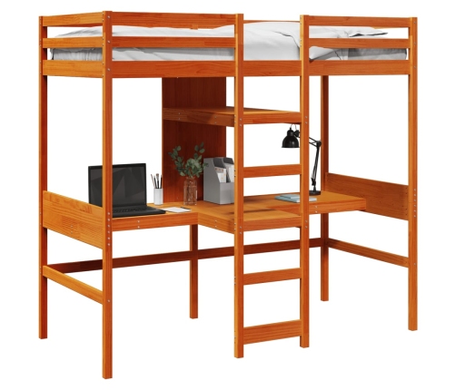 Cama alta escritorio y estantes madera maciza marrón 90x200 cm