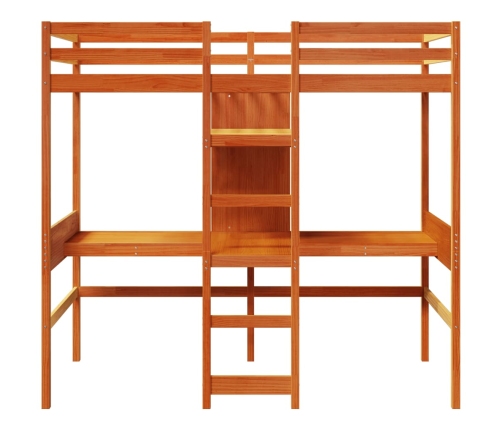 Cama alta escritorio y estantes madera maciza marrón 90x200 cm