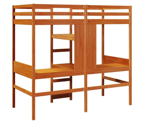 Cama alta escritorio y estantes madera maciza marrón 90x200 cm