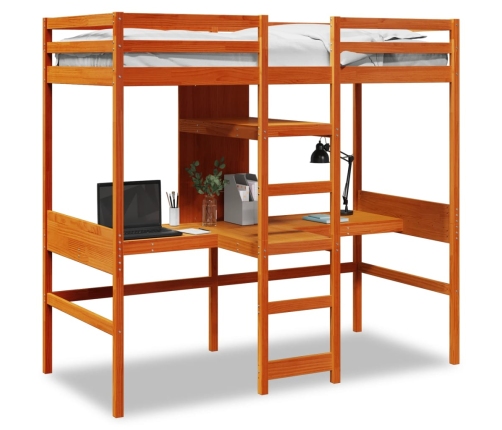 Cama alta escritorio y estantes madera maciza marrón 90x200 cm