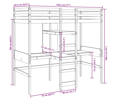 Cama alta sin colchón madera maciza pino marrón cera 75x190 cm