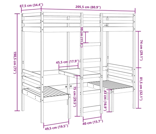 Cama alta con escritorio y asientos madera maciza 80x200 cm