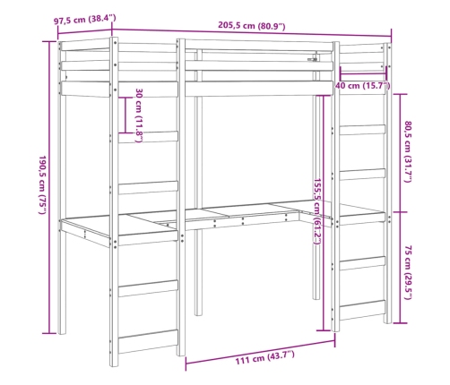 Estructura de cama alta con escritorio madera de pino 90x200 cm