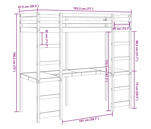 Cama alta sin colchón madera maciza de pino 90x190 cm