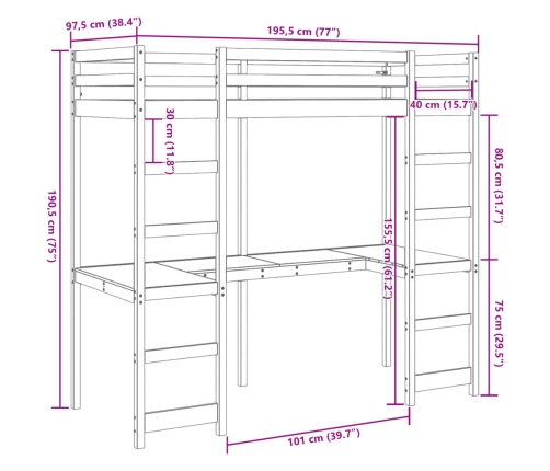 Cama alta sin colchón madera maciza de pino blanco 90x190 cm