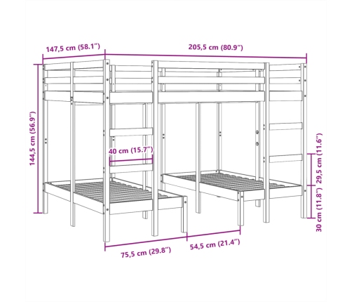 Estructura de litera triple madera de pino 140x200/70x140 cm