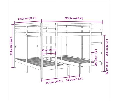 Estructura de litera triple madera de pino 200x200/80x200 cm