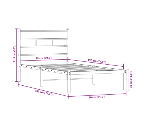 Estructura de cama sin colchón metal roble ahumado 75x190 cm