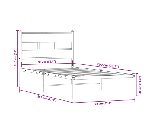 Estructura de cama sin colchón metal roble ahumado 90x200 cm