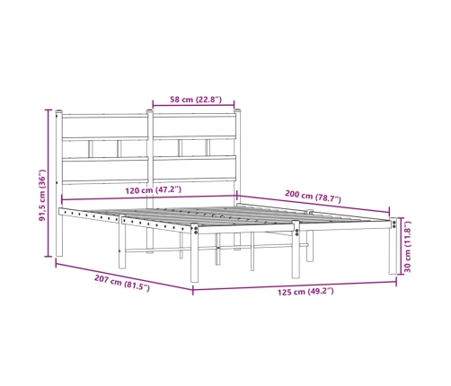 Estructura de cama sin colchón metal roble ahumado 120x200 cm