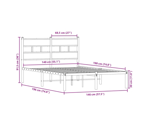 Estructura de cama sin colchón metal roble ahumado 140x190 cm