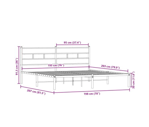 Estructura de cama sin colchón metal roble ahumado 193x203 cm