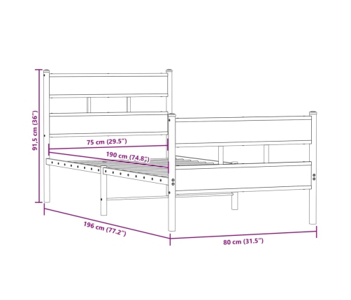 Estructura de cama sin colchón metal roble ahumado 75x190 cm