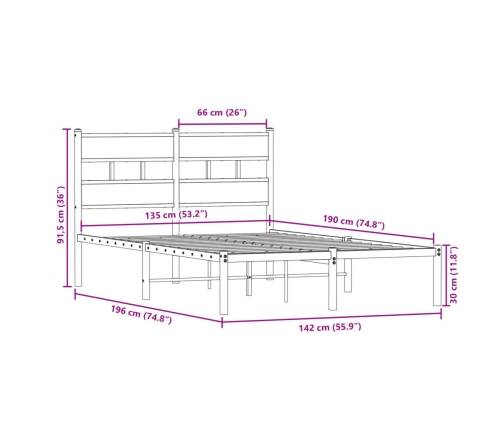 Estructura de cama sin colchón metal roble Sonoma 135x190 cm