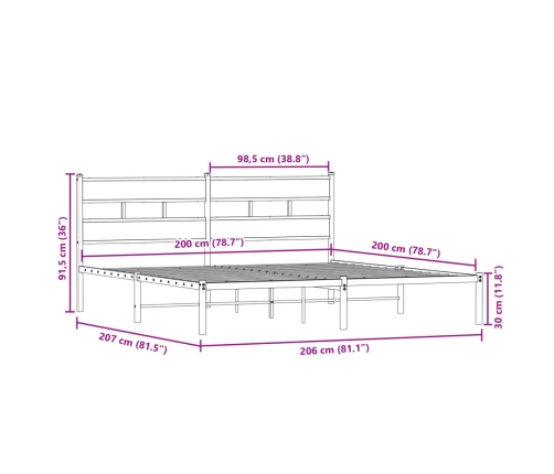 Estructura de cama sin colchón metal roble Sonoma 200x200 cm