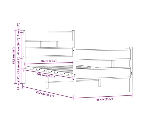 Estructura cama con cabecero y pie sin colchón marrón 80x200 cm