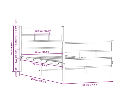 Estructura cama con cabecero y pie sin colchón marrón 90x190 cm