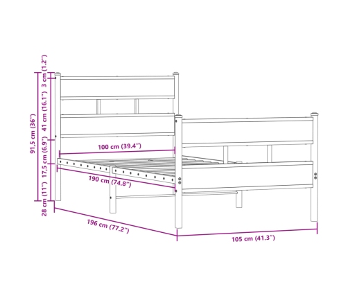 Estructura cama con cabecero sin colchón marrón roble 100x190cm