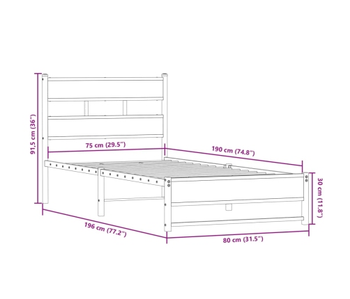 Estructura de cama sin colchón metal roble ahumado 75x190 cm