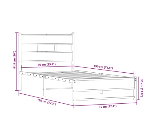 Estructura de cama sin colchón metal roble ahumado 90x190 cm