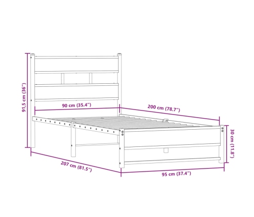 Estructura de cama sin colchón metal roble ahumado 90x200 cm