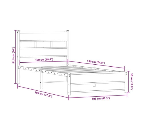 Estructura de cama sin colchón metal roble ahumado 100x190 cm