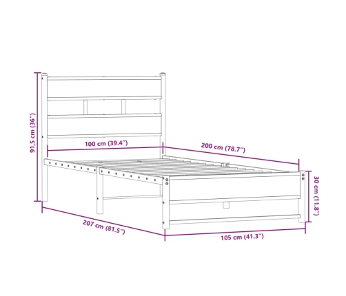 Estructura de cama sin colchón metal roble ahumado 100x200 cm