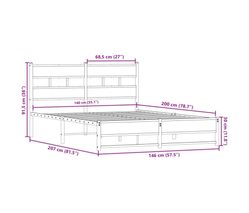Estructura de cama sin colchón metal roble ahumado 140x200 cm