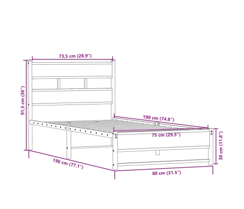 Estructura de cama sin colchón metal roble Sonoma 75x190 cm