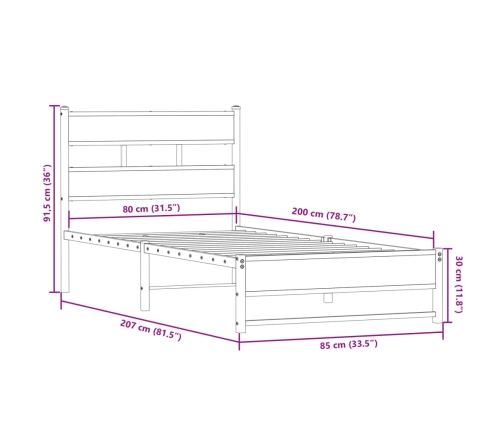 Estructura de cama sin colchón metal roble Sonoma 80x200 cm