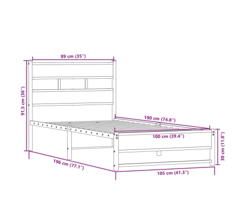 Estructura de cama sin colchón metal roble ahumado 100x190 cm