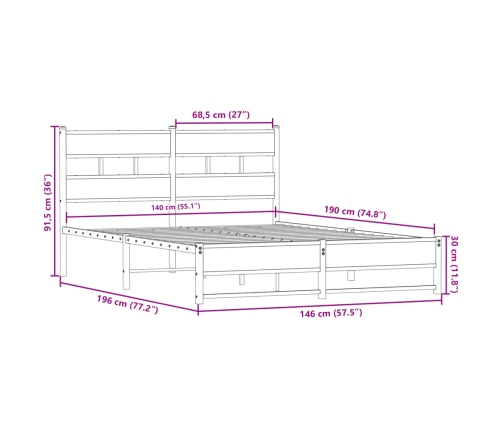 Estructura de cama sin colchón metal roble Sonoma 140x190 cm