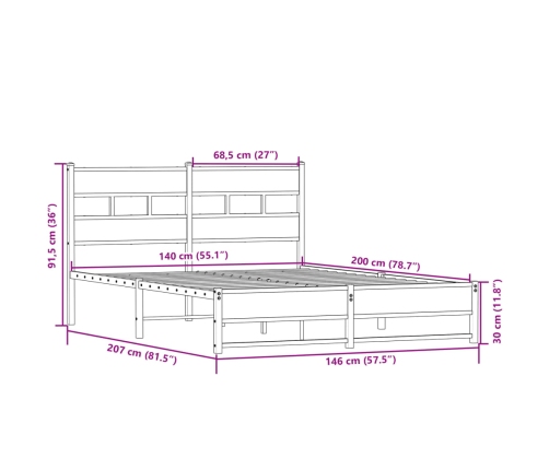 Estructura de cama sin colchón metal roble Sonoma 140x200 cm