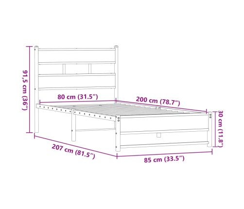 Estructura de cama sin colchón metal marrón roble 80x200 cm