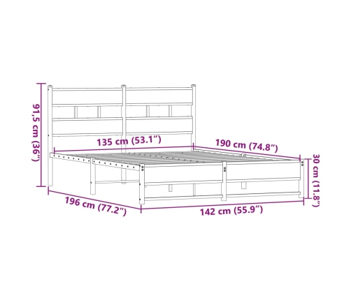 Estructura de cama sin colchón metal marrón roble 135x190 cm