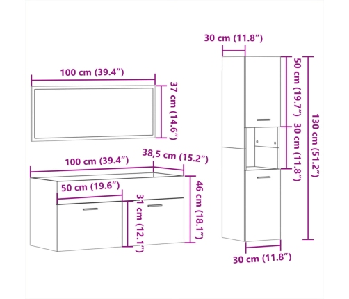 Set muebles de baño 3 piezas madera contrachapada blanco brillo