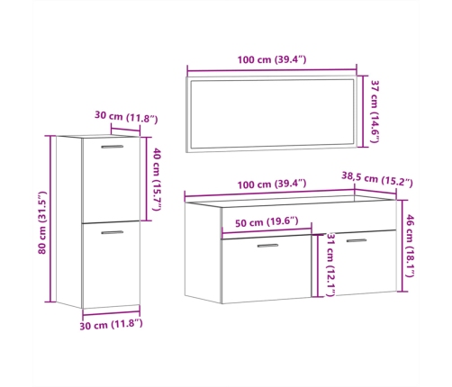 Juego de muebles de baño 3 pzas madera contrachapada blanco