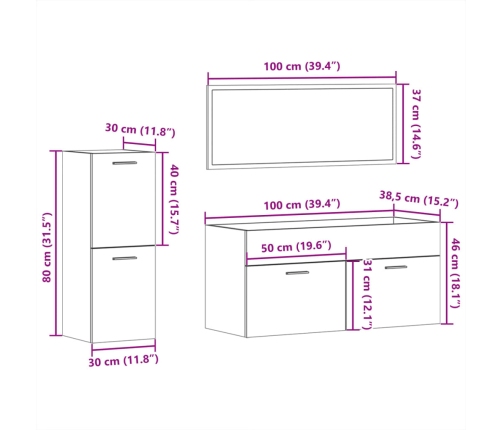 Set de muebles de baño 3 pzas madera contrachapada roble Sonoma