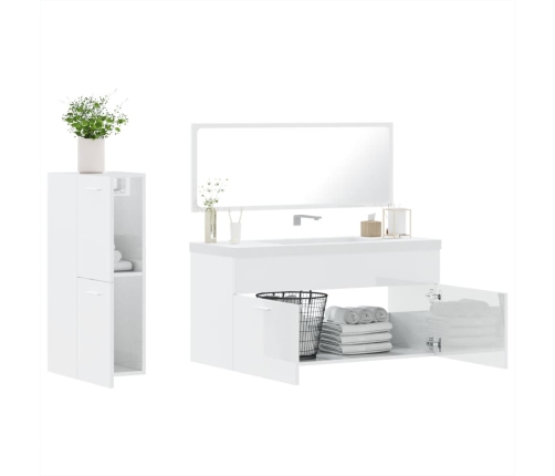 Set muebles de baño 3 piezas madera contrachapada blanco brillo