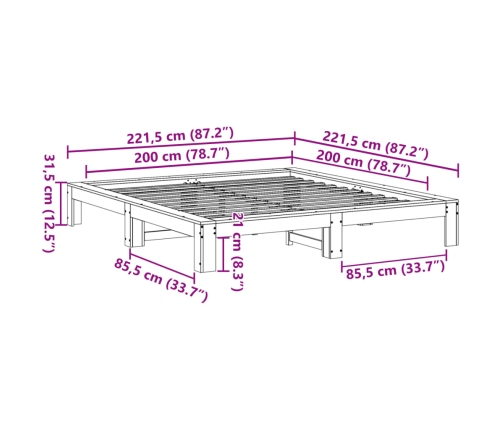 Cama sin colchón madera maciza de pino marrón cera 200x200 cm