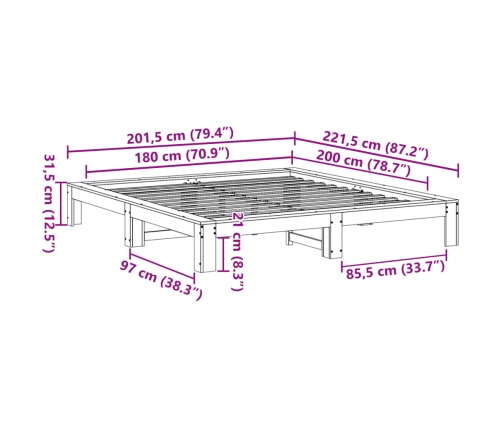 Cama sin colchón madera maciza de pino marrón cera 180x200 cm