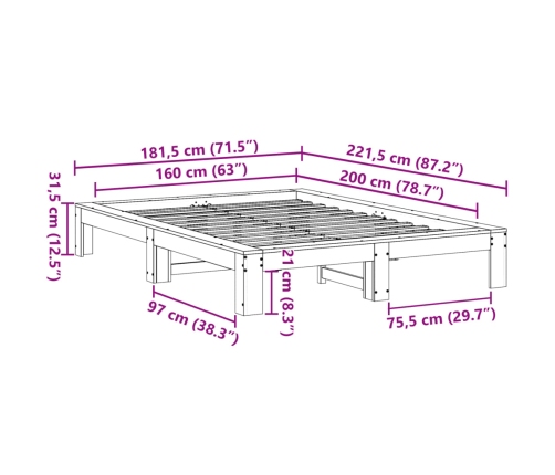 Cama sin colchón madera maciza de pino marrón cera 160x200 cm