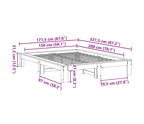 Cama sin colchón madera maciza pino marrón cera 150x200 cm