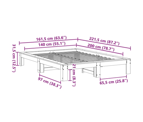 Cama sin colchón madera maciza de pino marrón cera 140x200 cm