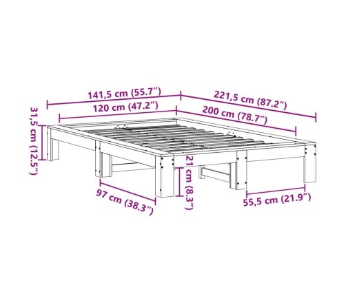 Cama sin colchón madera maciza de pino marrón cera 120x200 cm