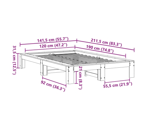 Estructura de cama sin colchón madera maciza de pino 120x190 cm