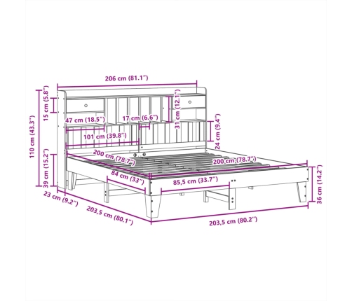 Cama sin colchón madera maciza de pino marrón cera 200x200 cm