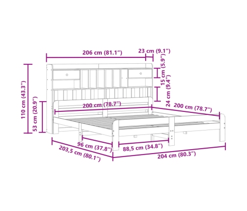 Cama con estantería sin colchón madera maciza blanca 200x200 cm