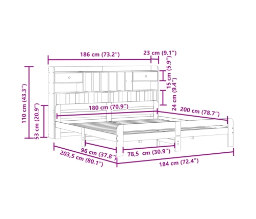 Cama con estantería sin colchón madera maciza marrón 180x200cm