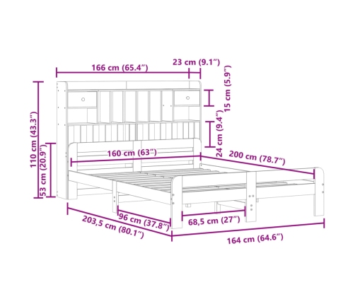 Cama con estantería sin colchón madera maciza de pino 160x200cm